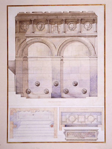 Projet de restauration. Coupe longitudinale au 1/10e, plan au 1/20e et 'plan du plafond' au 1/20e; aquarelle signée et datée Libaudière, janvier 1892. (Collection particulière).