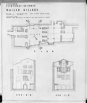 Plan au 1/100e (sans les pièces donnant rue Gaston-Guillemet et rue de la Harpe) et élévation au 1/100e des façades sur cour intérieure. Document dressé par l'Agence des Bâtiments de France des Deux-Sèvres et Vendée, en décembre 1959.