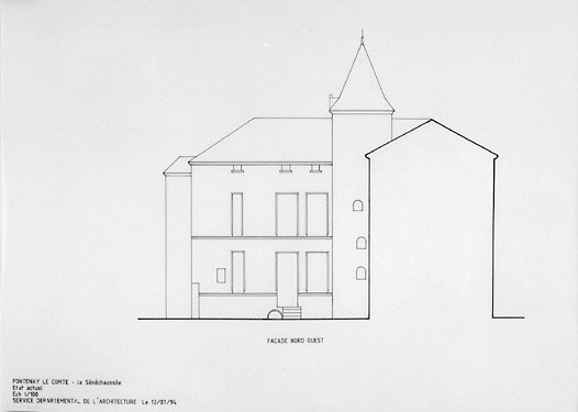 Façade nord-ouest, état actuel au 1/100e, par le Service Départemental de l'Architecture, le 12 juillet 1994.