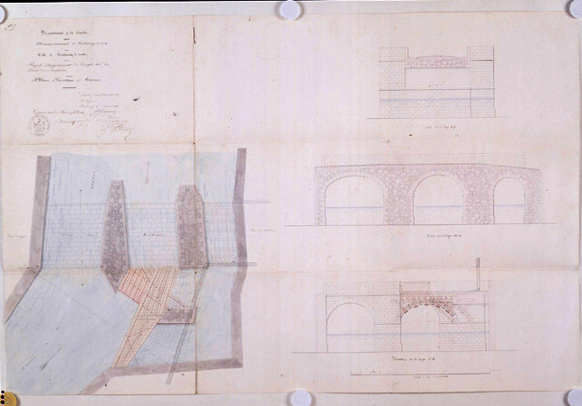 Projet d'élargissement du pont : plan, coupes et élévation, signés A.Garnereau, le 7 mars 1864. (A.C. Fontenay-le-Comte, 2 0 9).