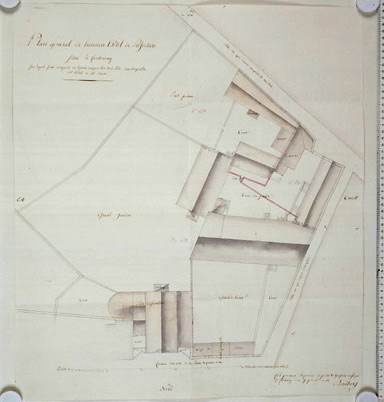 Plan d'ensemble au 1/200e, dressé en vue de la vente des bâtiments en plusieurs lots, signé et daté Boudhor, ingénieur des Ponts et Chaussées, le 27 prairial an 13 (16 juin 1805).