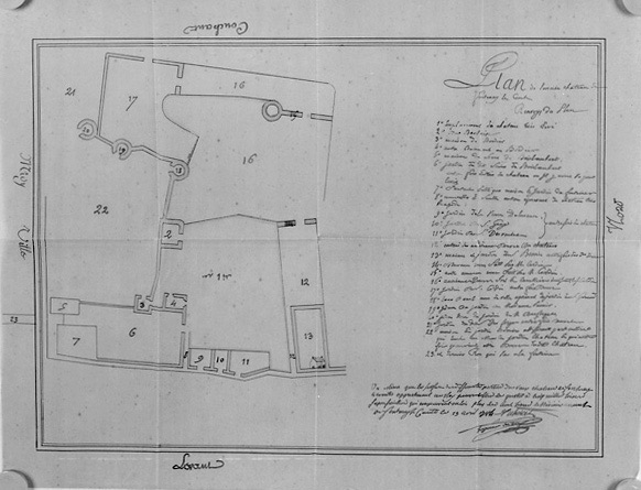 'Plan de l'ancien château de Fontenay le Comte', sans échelle, signé et daté Zahouët, ingénieur du Roi, le 13 avril 1784. (A.D. Vendée, 59 J 92 2).