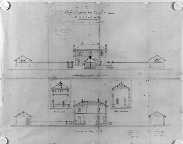 Constructions du coté de l'entrée : coupes et élévations signées A.Charier, le 10 février 1877, contresignées le 10 mai 1881. (A.C. Fontenay-le-Comte, 1 M 9).