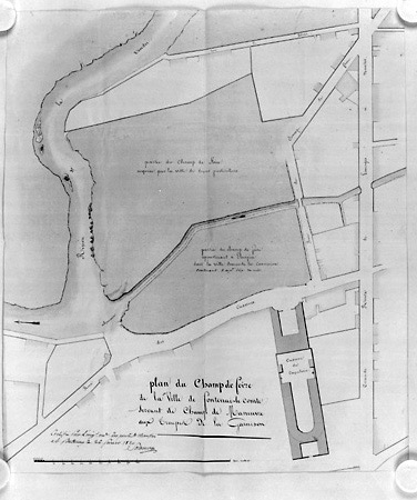 'Plan du Champ de foire de la Ville de fontenai-le-Comte servant de Champ de Maneuvre aux Troupes de la Garnison' (actuelle place de Verdun), certifié par Salomon, ingénieur ordinaire des Ponts et Chaussées, le 26 février 1820. (A.C. Fontenay-le-Comte, 1 M 14).