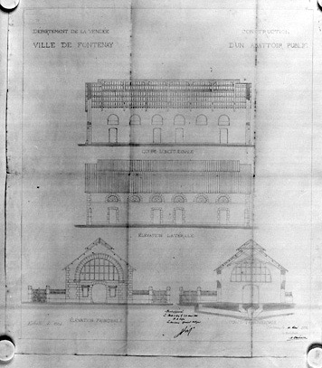 Halle d'abattage : coupes longitudinale et transversale, élévations latérale et principale au 1/100e, signées et datées A. Charier, le 10 mai 1881.