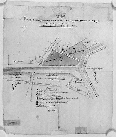 'Plan de l'entrée de fontenay-le-comte, du coté de Niort, depuis le jardin de Mr de Langle jusqu'à la place Royale' (partie sud-ouest de la ville fortifiée et terrains plus au sud). Plan environ au 1/600e, daté 1765.