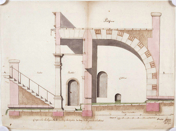 Coupe sur la ligne AB du plan précédent, signée et datée Perrier, architecte-voyer, octobre 1838. (A.C. Fontenay-le-Comte, 5 M 1).