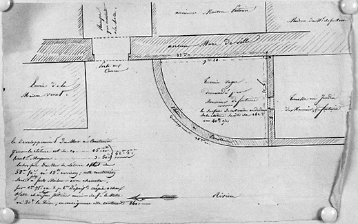 Plan du quartier de la porte des Halles, dressé par Babin, vers 1828, relatif à une demande de concession de terrain par Mr de Fontaine. A.C. Fontenay-le-Comte, 2 0 3.