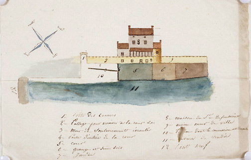 Dessin aquarellé exécuté vers 1828 et représentant le quartier de la porte des Halles, relatif à une demande de concession de terrain par Mr de Fontaine. A.C. Fontenay-le-Comte, 2 0 3.