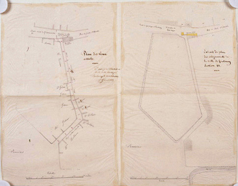 Barrière du Gros Noyer. A droite, extrait du plan d'alignement de 1826, au 1/500e; à gauche : plan, au 1/500e signé et daté A.Garnereau, le 30 octobre 1862. (A.C. Fontenay-le-Comte, 2 0 3).