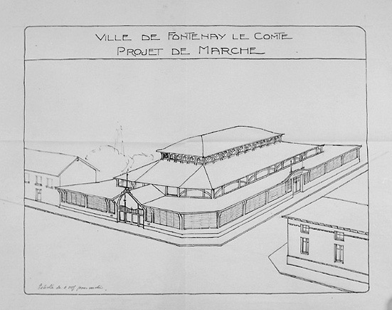 Projet de marché couvert sur l'actuelle place du 137e R.I. : vue perspective du deuxième projet, au 1/200e, n.s., n.d. [Abel Filuzeau, vers 1913]. (A.C. Fontenay-le-Comte, l M 7).