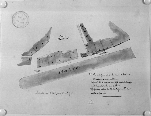 Plan au 1/500e dressé en 1874, concernant les alignements projetés place Belliard et rue des Halles (actuelle rue des Drapiers).