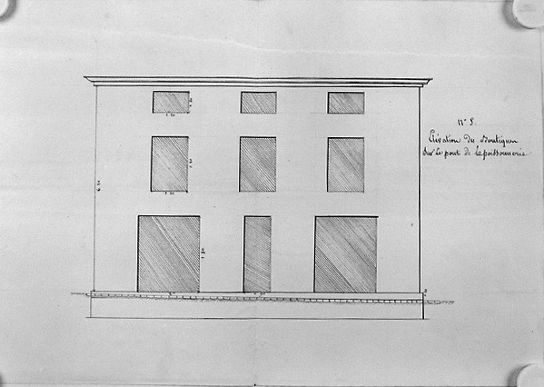 Maisons et boutiques aujourd'hui détruites, autrefois situées à l'angle des actuelles rue des Orfèvres et de la Rochefoucauld : élévation au 1/40e, sur l'actuelle rue de la Rochefoucauld, de la façade projetée, n.s., n.d. [vers 1810-1820].