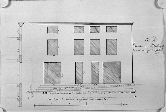 Maisons et boutiques aujourd'hui détruites, autrefois situées à l'angle des actuelles rue des Orfèvres et de la Rochefoucauld : élévation au 1/40e sur l'actuelle rue des Orfèvres, de la façade projetée, n.s., n.d. [vers 1810-1820].