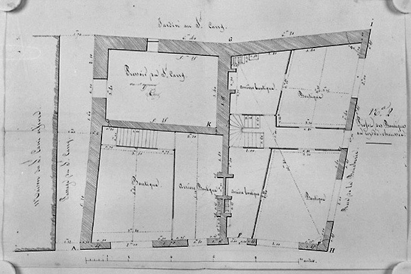 Maisons et boutiques aujourd'hui détruites, autrefois situées à l'angle des actuelles rue des Orfèvres et de la Rochefoucauld : 'Projet des Boutiques au rez-de-chaussée', plan au 1/40e, n.s., n.d. [vers 1810-1820].