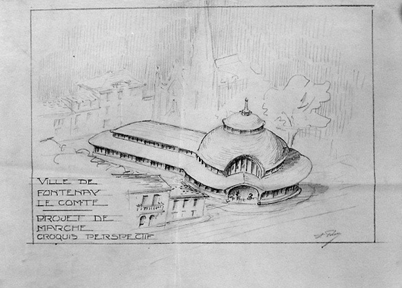 Projet de marché couvert sur l'actuelle place du 137e R.I. : vue perspective du troisième projet, signée A.Filuzeau, n.d. [vers 1913]. (A.C. Fonteany-le-Comte, 1 M 7).