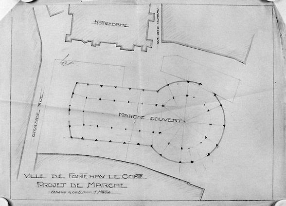 Projet de marché couvert sur l'actuelle place du 137e R.I. : plan au 1/200e du troisième projet, n.s., n.d. [Abel Filuzeau, vers 1913]. (A.C. Fontenay-le-Comte, 1 M 7).