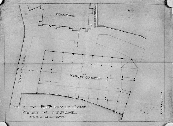 Projet de marché couvert sur l'actuelle place du 137e R.I. : plan au 1/200e du deuxième projet, n.s., n.d. [Abel Filuzeau, vers 1913]. (A.C. Fontenay-le-Comte, 1 M 7).