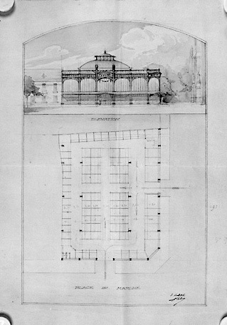 Projet de marché couvert sur l'actuelle place du 137e R.I. : plan et élévation du premier projet signés A.Filuzeau, n.d. [vers 1913]. (A.C. Fontenay-le-Comte, 1 M 7).