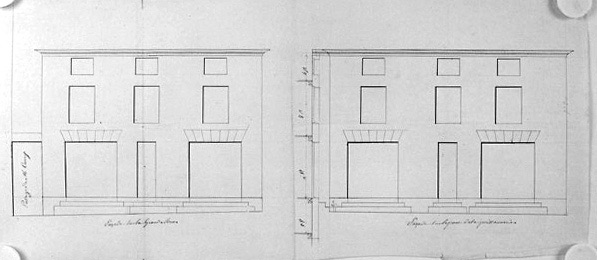 Maisons et boutiques aujourd'hui détruites, autrefois situées à l'angle des actuelles rue des Orfèvres et de la Rochefoucauld : élévation des deux façades projetées, correspondant à ce qui fut exécuté, n.s., n.d. [vers 1810-1820].