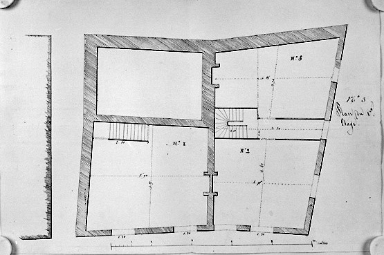 Maisons et boutiques aujourd'hui détruites, autrefois situées à l'angle des actuelles rue des Orfèvres et de la Rochefoucauld : plan au 1/40e du 1er étage de la construction projetée, n.s., n.d. [vers 1810-1820].