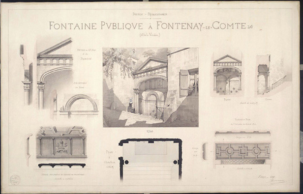 Relevé complet de la fontaine avant travaux, signé et daté H. Déverin, 1891.