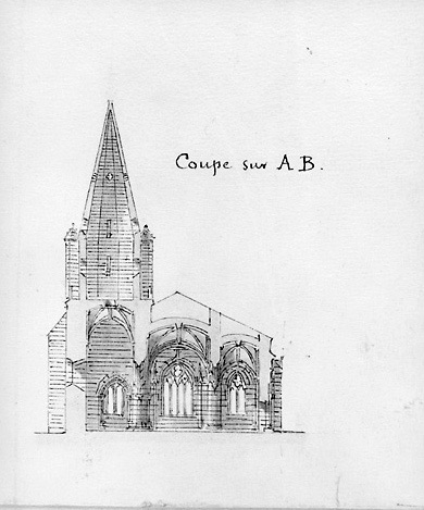 'Coupe sur AB' au 1/400e par H.Déverin, en octobre 1907. (Bibliothèque du Patrimoine, détail du relevé n°13458).