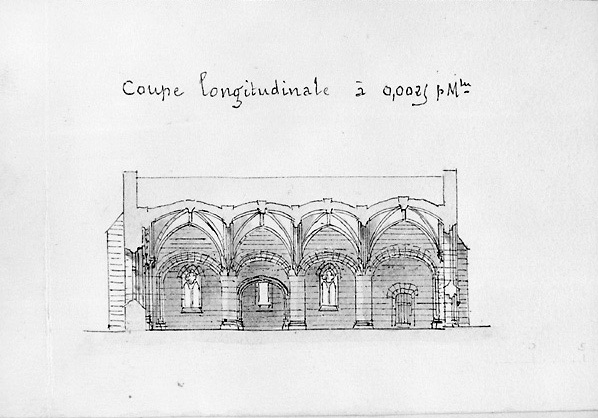 'Coupe longitudinale' au 1/400e par H.Déverin, en octobre 1907. (Bibliothèque du Patrimoine, détail du relevé n°13458).