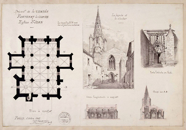 Plan, coupes, façade ouest et porte sud. Relevé signé et daté H.Déverin, architecte, octobre 1907. (Bibliothèque du Patrimoine, relevé n°13458).