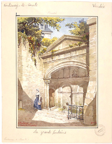 Vue perspective de la fontaine avant travaux, aquarelle signée H.D. (Henri Déverin), non datée (1891).