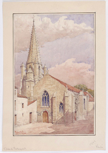 Vue perspective de l'église, tenant compte du dégagement des maisons au sud-ouest de la place. Aquarelle signée H.D. (Henri Déverin), datée 1912.