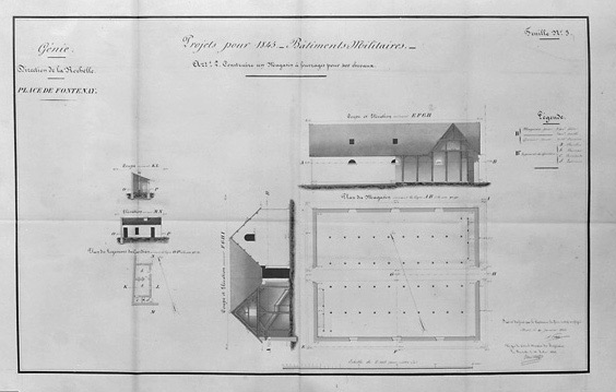 Projet de magasin à fourrages pour 400 chevaux (non réalisé). Plan et coupes au 1/200e, signés et datés A. Potel, capitaine du génie en chef le 10 janvier 1845.