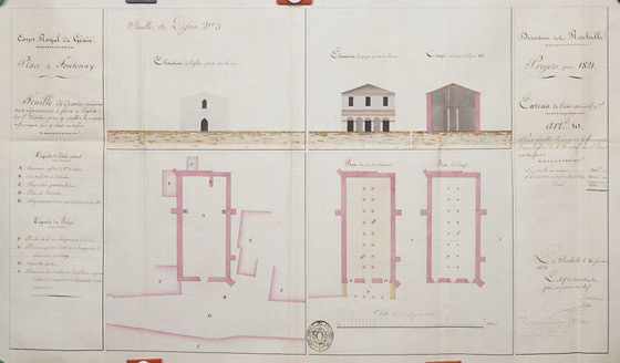 Plan et façade ouest de l'église; plans, élévation et coupe du projet de rétablissement du magasin à fourrages. Document au 1/200e signé et daté de Verdon, chef de bataillon du génie, ingénieur en chef, le 26 février 1821. (Archives du Génie, Vincennes, article 8, section 1, Fontenay; carton n°1).