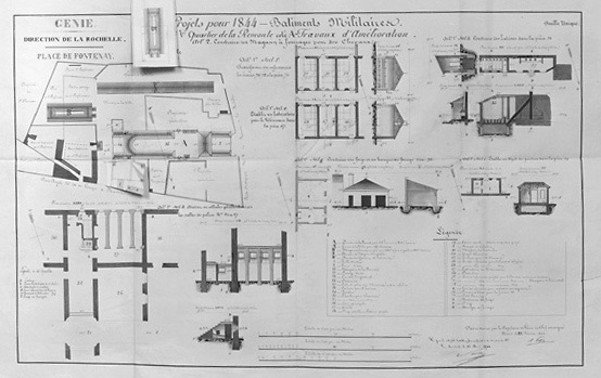 Projets pour 1844 (dont magasin à fourrages en B, non réalisé). Document signé et daté A. Potel, capitaine de génie en chef, le 22 février 1844.