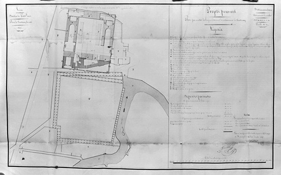 Projet d'agrandissement de la caserne. Plan d'ensemble au 1/1000e, signé et daté Montblanc, chef de bataillon, ingénieur en chef, le 2O décembre 1825. (Archives du Génie, Vincennes, article 8, carton n°1).