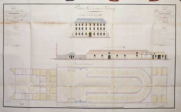 Plan d'ensemble, élévation sur CD et coupe sur AB, au 1/200e, signés et datés Montblanc, capitaine de génie en chef, le 19 mars 1824. (Archives du Génie, Vincennes, article 8, section 1, Fontenay, carton n°1).