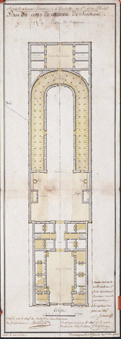 Plan du rez-de-chaussée de la caserne, au 1/400e environ, signé et daté Javain, capitaine du génie en chef, le 20 floréal an V (9 mai 1797). (Archives du Génie, Vincennes, article 8, section 1, Fontenay, carton n°1).