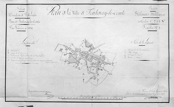 Plan de la ville au 1/10000e avec indication des bâtiments militaires, signé et daté Montblanc, capitaine du génie en chef, le 19 mars 1824. (Archives du Génie, Vincennes, article 8, section 1, Fontenay, carton n°1). A.D. Vendée.