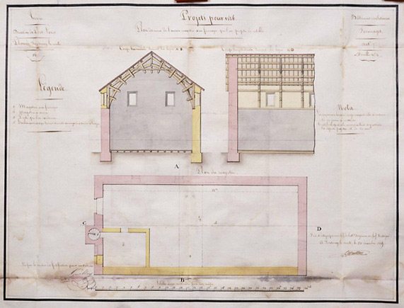 'Plan des ruines de l'ancien magasin aux fourrages que l'on propose de rétablir'. 'Plan et coupes au 1/100e signés et datés Montblanc, chef de bataillon, ingénieur en chef, le 20 décembre 1825. (Archives du Génie, Vincennes, article 8, section 1, Fontenay, carton n°1).