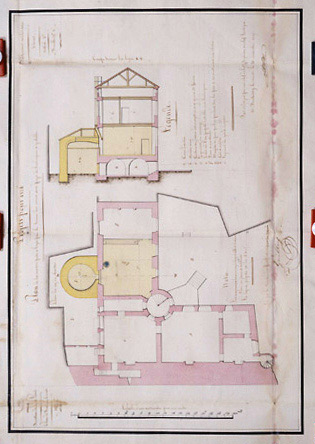 Plan du rez-de-chaussée et coupe sur AB, au 1/100e, avec projet de boulangerie, signés et datés Montblanc, chef de bataillon, ingénieur en chef, le 20 décembre 1825.