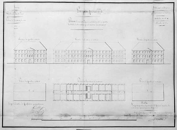 Projet d'agrandissement de la caserne. Plans et élévations au 1/330e environ, du pavillon existant, du corps de caserne à construire et du pavillon à construire, signés et datés Montblanc, chef de bataillon, ingénieur en chef, le 20 décembre 1825. (Archives du Génie, Vincennes, article 8, section 1, Fontenay, carton n°1).