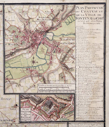 'Plan particulier du château et de la ville de Fontenay le Comte en lestat quil estoit en 1720'. Détail de la 'Carte du 46e quarré de la généralle des costes du Bas Poitou...', par Claude Masse, ingénieur du Roi. Echelle du plan de la ville : environ au 1/15000e.