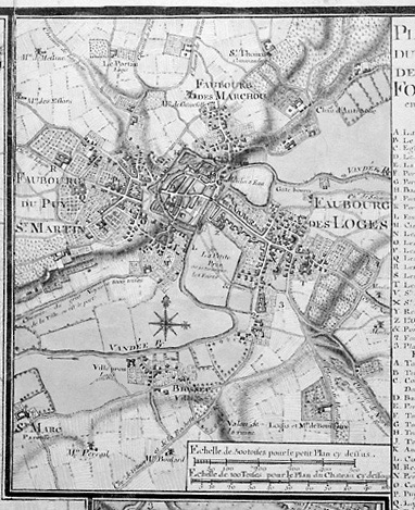 'Plan particulier du château et de la ville de Fontenay le Comte en lestat quil estoit en 1720'. Détail de la 'Carte du 46e quarré de la généralle des costes du Bas Poitou...', par Claude Masse, ingénieur du Roi. Echelle du plan de la ville : environ au 1/15000e.