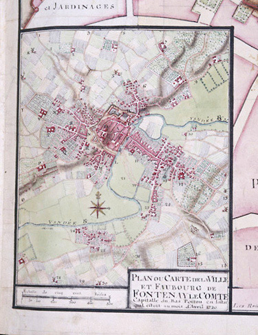 'Plan ou carte de la ville et faubourg de Fontenay le Comte capitalle du Bas Poitou en lestat quil estoit au mois d'avril 1720'. Plan environ au 1/15000e, par Claude Masse, ingénieur du Roi.