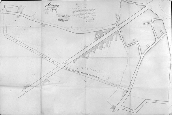 Projet de percement de rue, non abouti, entre la rue du Bédouard, la rue Tiraqueau et la barrière du Marchoux. Plan signé et daté A.Garnereau, le 10 mars 1848. (A.C. Fontenay-le-Comte, 2 O 1).