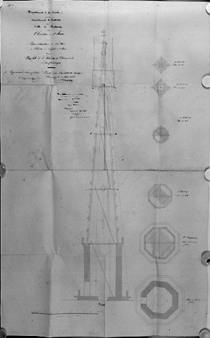 Plans et coupe de la flèche avec indication des échaffaudages nécessaires à sa consolidation. Document au 1/50e, signé et daté A. Garnereau le 12 août 1866.