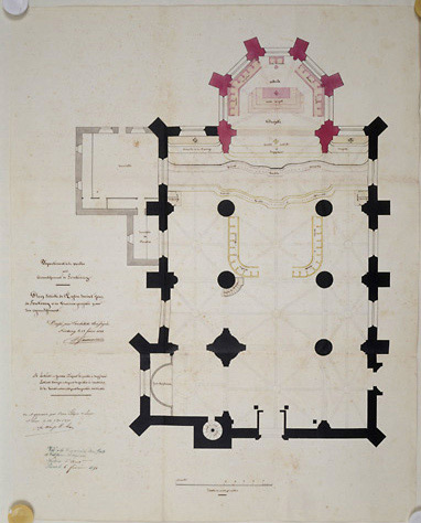 'Plan détaillé de l'Eglise Saint Jean de Fontenay et des travaux projetés pour son agrandissement', environ au 1/75e, signé et daté A.Garnereau, le 23 février 1844. (A.C. Fontenay-le-Comte, 2 M 2).