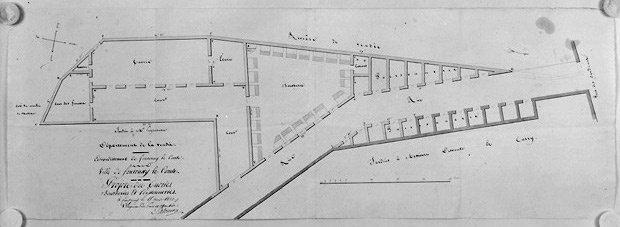 'Projet des tueries, boucheries et poissonneries'. Plan au 1/100e signé et daté Salomon, ingénieur des Ponts et Chaussées, le 15 mars 1822. (A.C. Fontenay-le-Comte, 1 M 8).