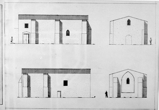 Elévation des quatre façades de la chapelle, au 1/100e, par les Services Techniques de la Ville de Fontenay-le-Comte, le 19 février 1980. Service Départemental de l'Architecture, La Roche-sur-Yon.