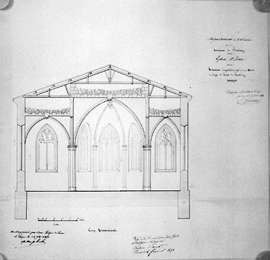 'Travaux d'agrandissement par une abside de l'église St Jean de Fontenay' : coupe transversale au 1/75e environ, signée et datée A.Garnereau, le 5 février 1844. (A.C. Fontenay-le-Comte, 2 M 2).